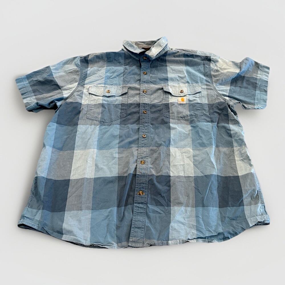 Carhartt Mens Blue Plaid Short Sleeve Button Up Relaxed Fit Pocket Size 2XL XXL